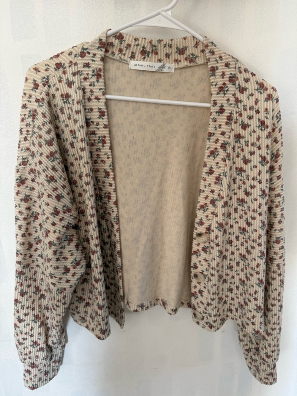 Altar'd State Cream Cardigan with Red Floral Print